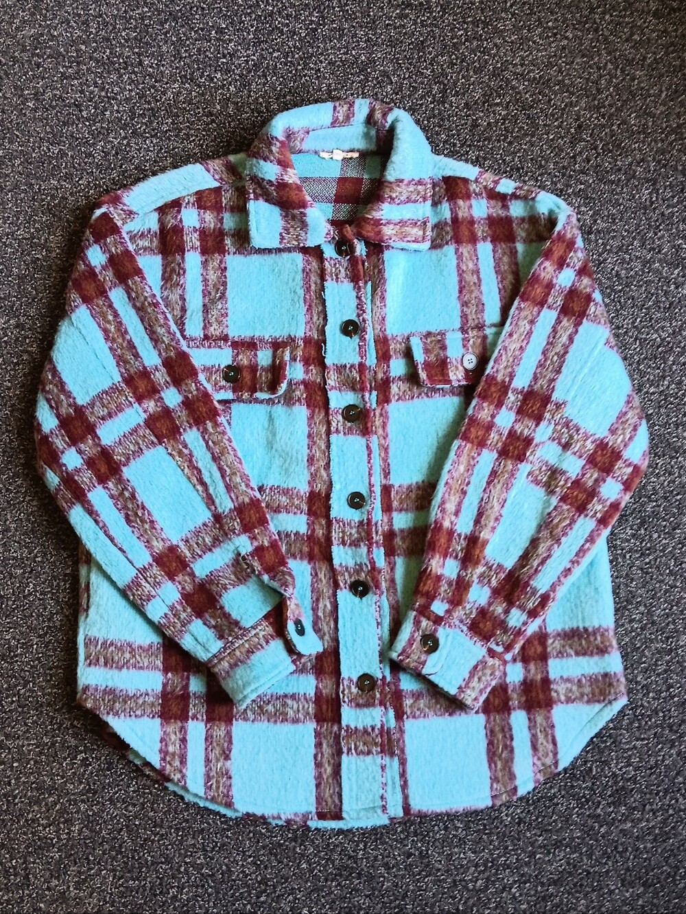 La Miel Turquoise & Burgundy Plaid Button Up Shacket Size Small, Rugged Chore